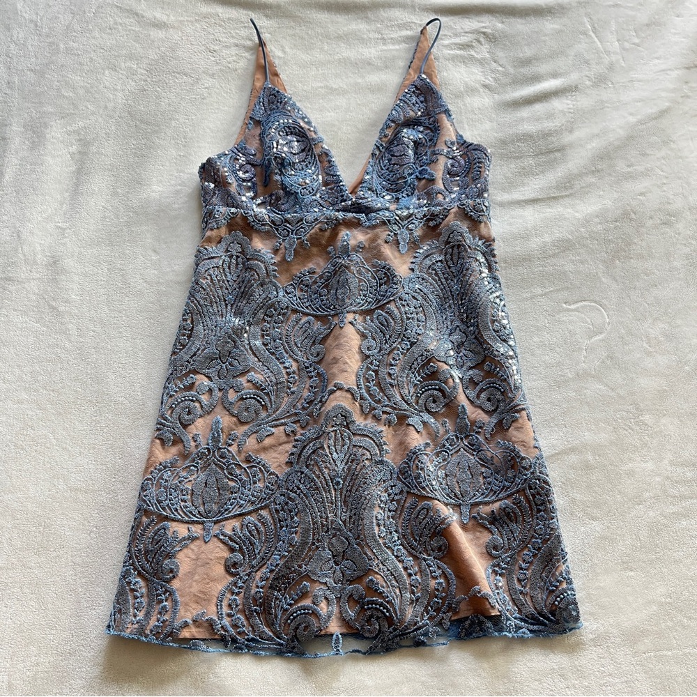 Free people blue night shimmer v-neck sequin cocktail mini dress
